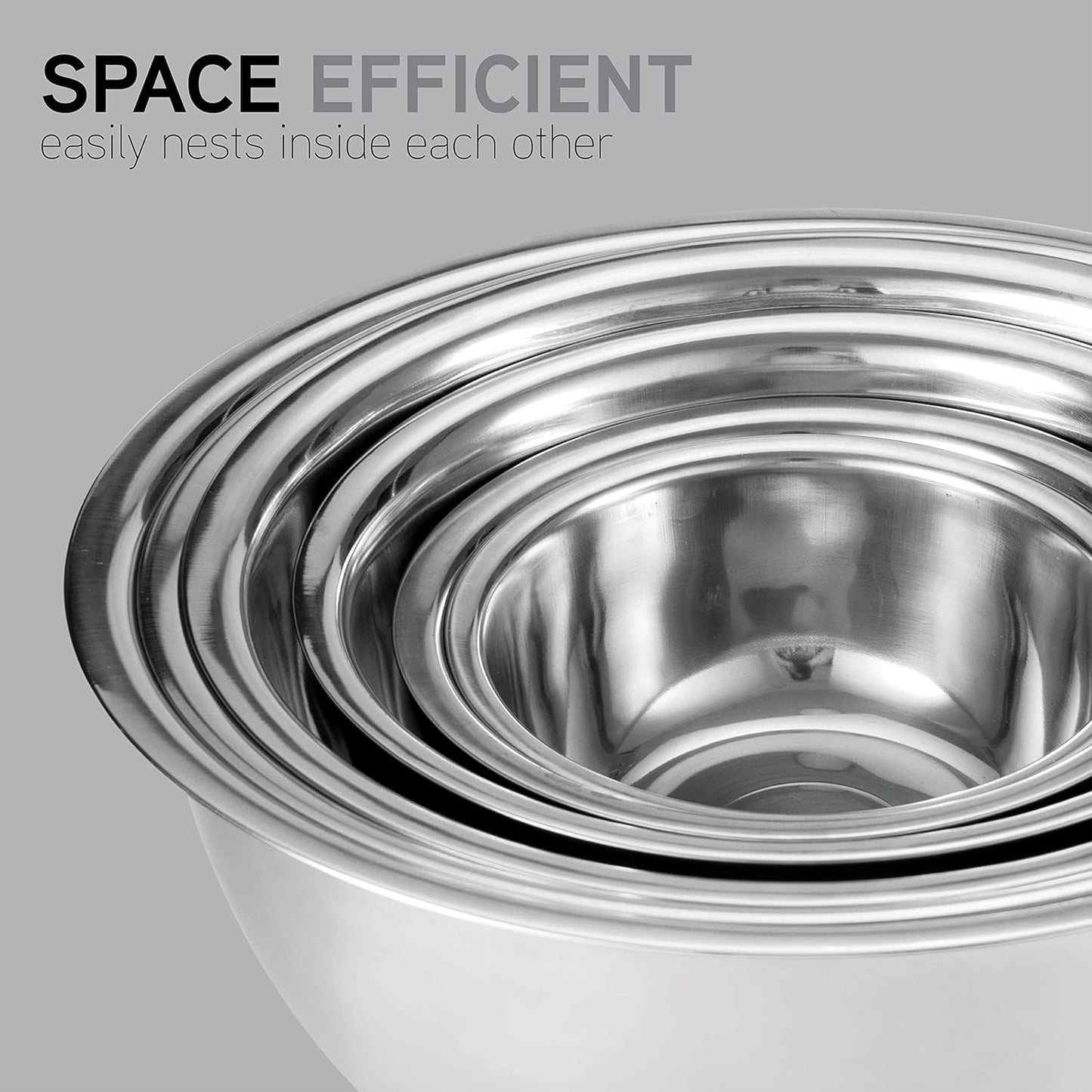 Abizarch Stainless Steel Mixing Bowls Set of 5, Small Metal Mixing Bowl for Kitchen Baking, Prepping, Cooking and Serving, Salad,Vegetables, Sizes 9.4“ 8.6“ 7.8” 6.3“ 5.5” (Lid not Included)