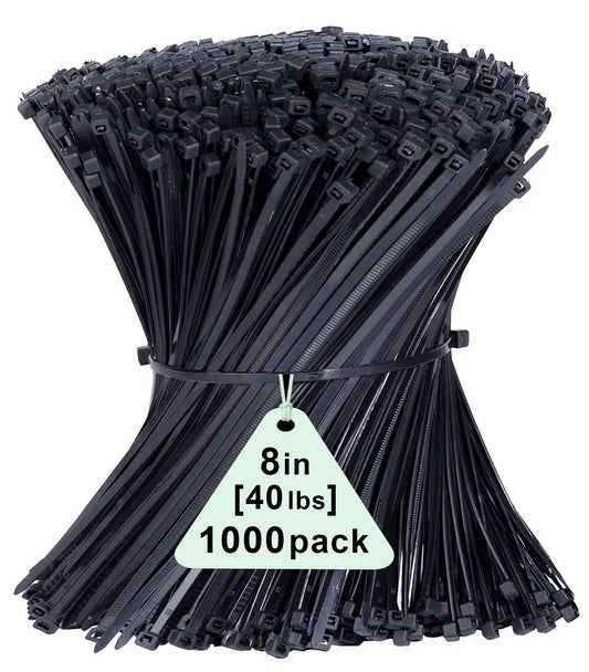 1000 Pack Zip Ties, 8 inch Cable Ties Black, Long Plastic Tie Wraps, Tensile Strength 40lbs, Cable Management Self-Locking Heavy Duty Nylon Wire Ties UV Resistant for Outdoor and Indoor