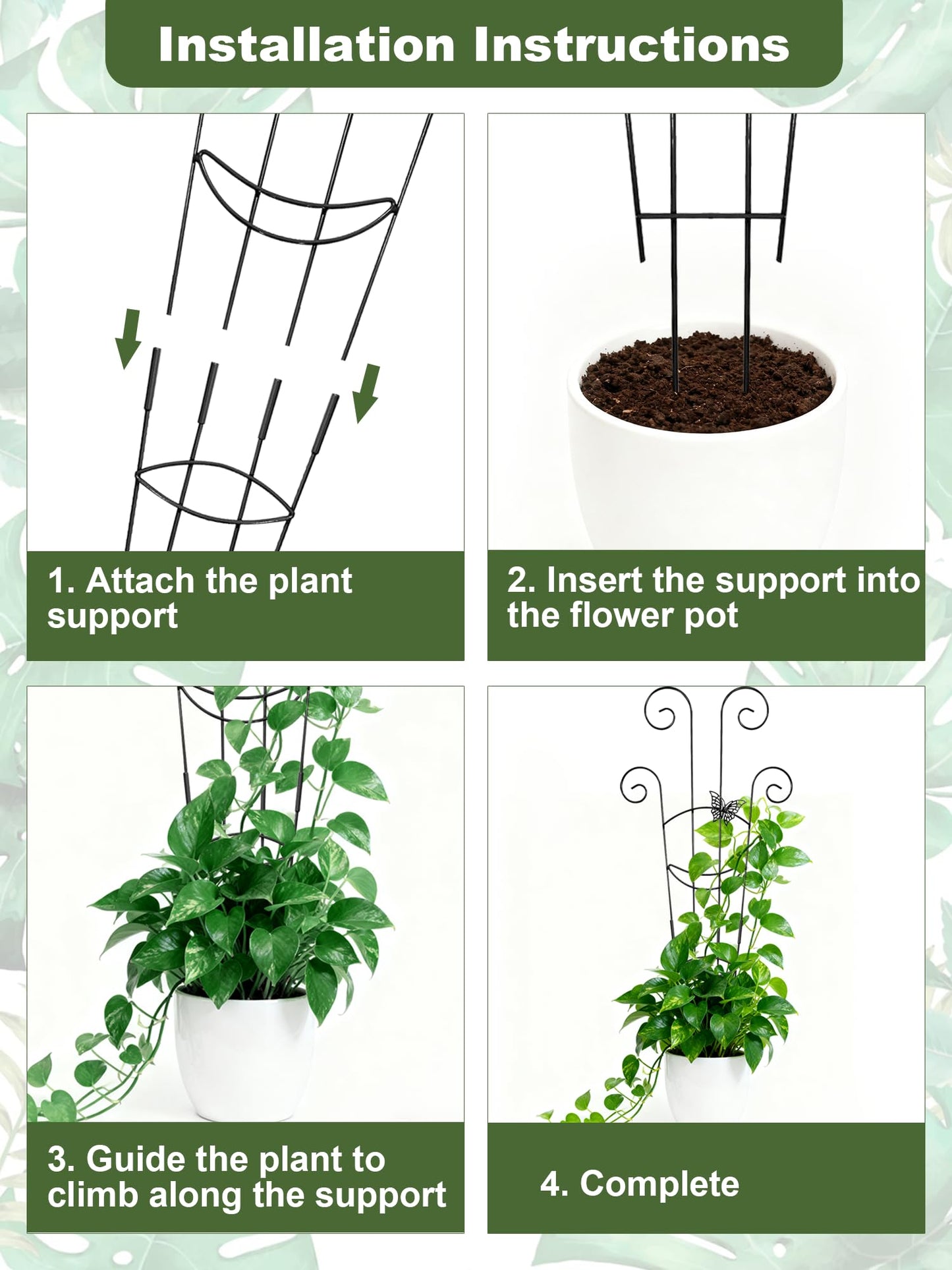4 Pcs Butterfly Plant Trellis for Climbing Plants Indoor, 76cm Expandable Garden Metal Trellis for Potted Plants Outdoor, Houseplant Climber Support for Ivy Pothos Monstera Hoya Flower (Black)