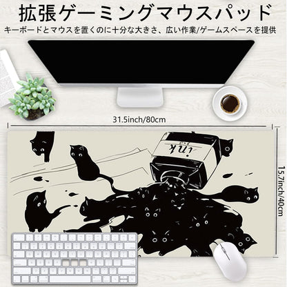 Uniqcasa Gaming Mouse Pad XXL Extended Anime Mouse Pad 31.5x15.7inch, Large Cute Kawaii Big Computer Mouse Mat Desk Pad with Non-Slip Rubber Base and Stitched Edge for Home Office-Black Ink Cat