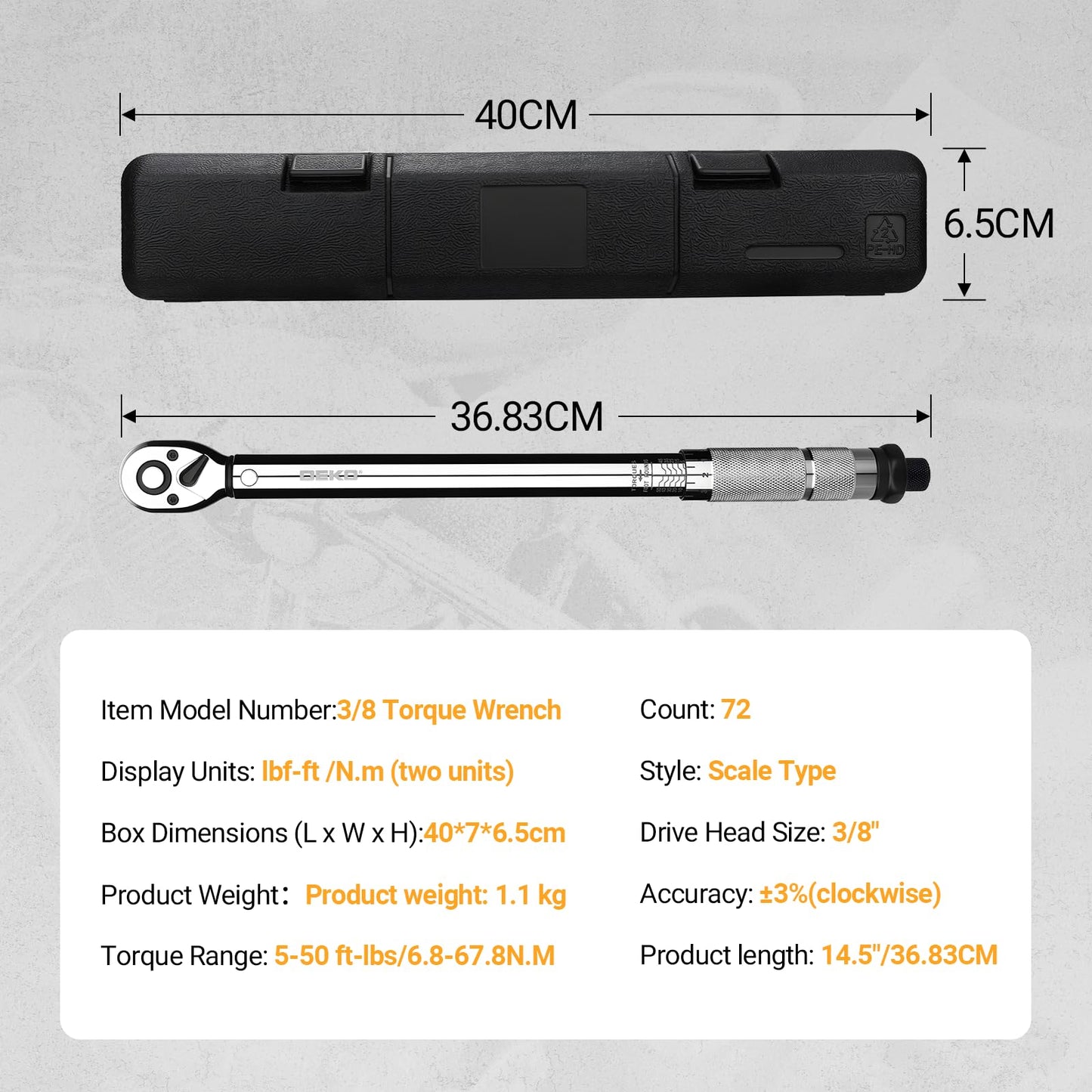 DEKOPRO 3/8 Inch Drive Dual-Direction Torque Wrench, 5-50 Ft-Lb & 6.8-67.8 Nm Range, ±3% Precision, 72-Tooth Chrome Vanadium Ratchet, 14.5inches Anti-Slip Matte Handle