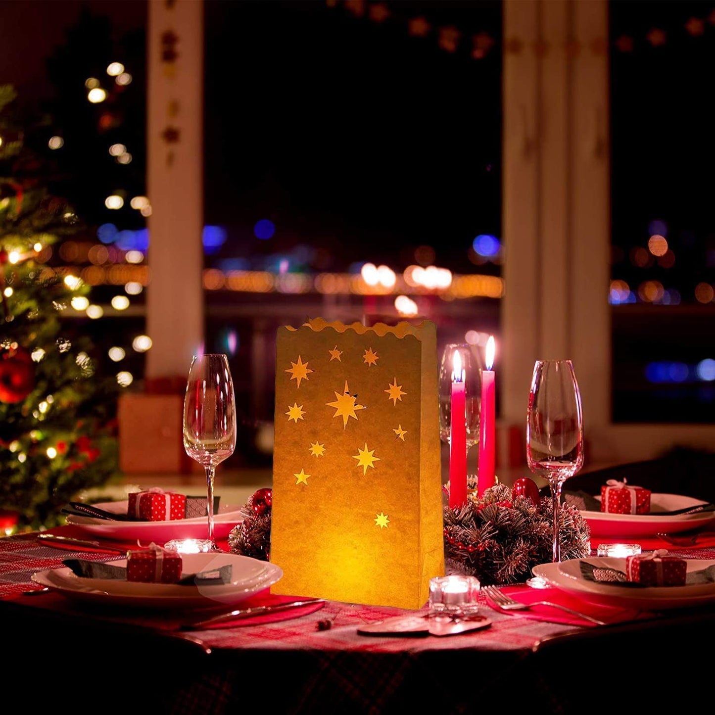 Stmarry White Paper Luminary Bags - 50-Pack Candle Lantern Bags, Fire-Retardant, Star Luminaries for Christmas, Weddings, Birthday Party Decoration, Use with Tealights, Votive, 5.9 x 10 x 3.5 Inches