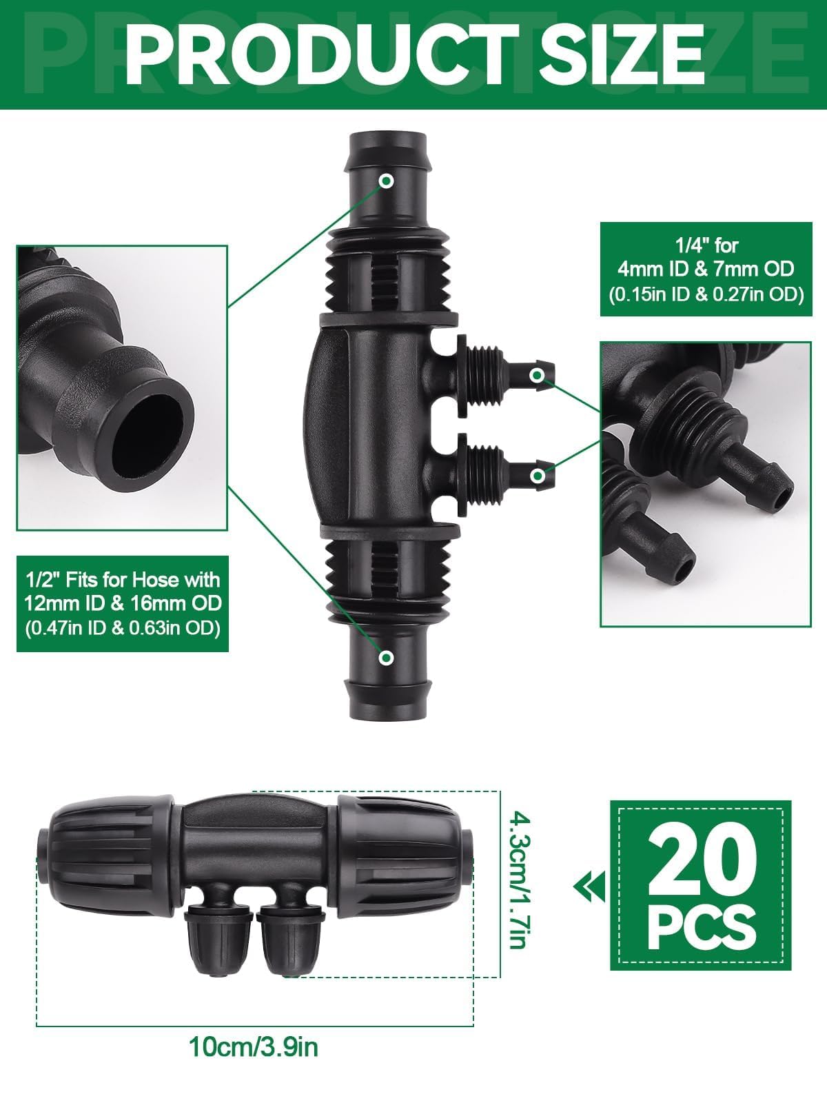 20PCS Locked Barbed Tee Connectors, Kalolary 1/2" to 1/4" Drip Irrigation Fittings Kit 12/16mm to 4/7mm Tube Lock Female Connector 4-Way Barbed Lock Irrigation Parts for Watering System (Black)