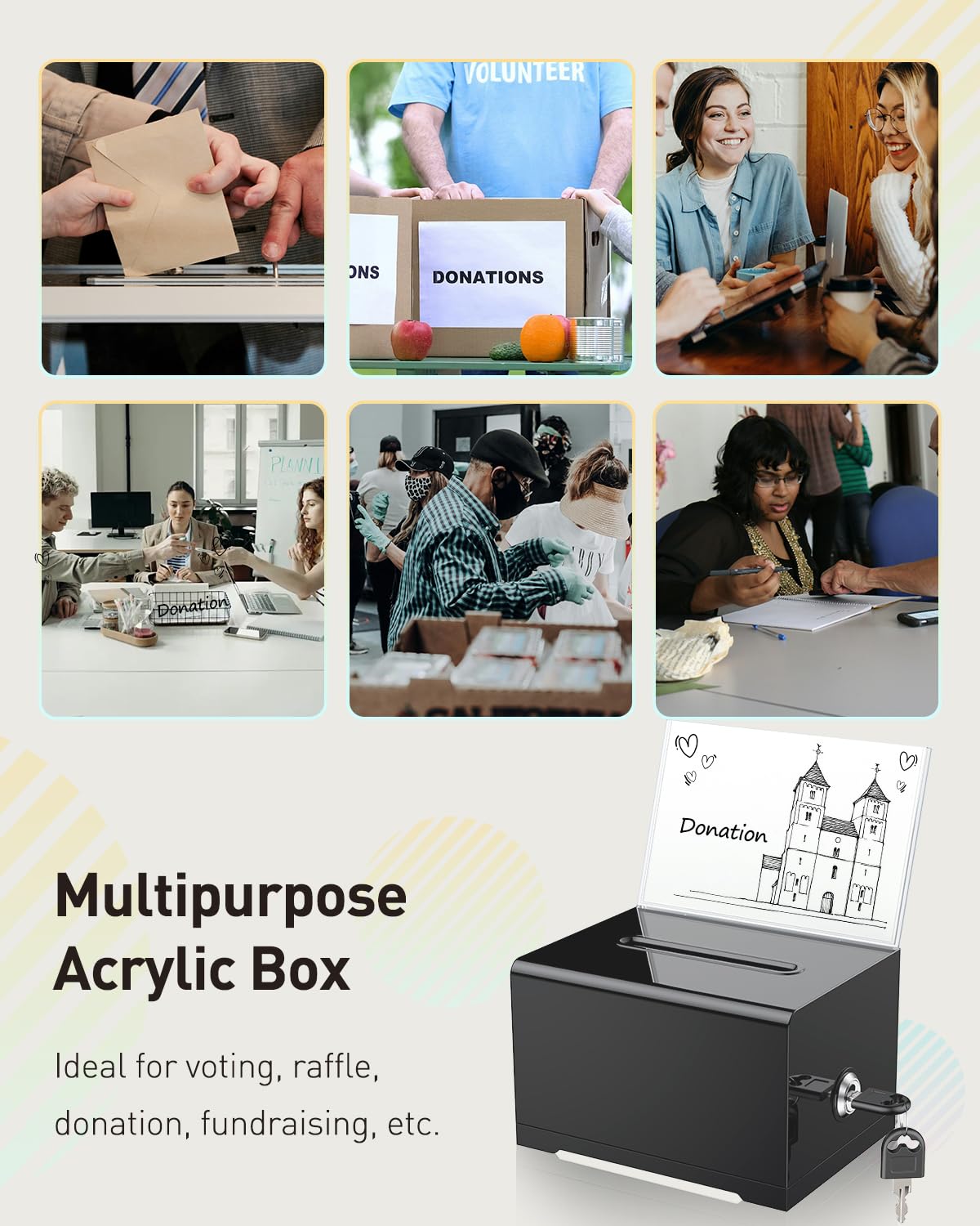 Uniclife 2 Pack 6.2" x 4.7" x 4" Acrylic Donation Boxes Suggestion Box with Slot and Lock for Voting Charity Tip Collection Black Plastic Ballot Boxes with Sign Holder Storage Container