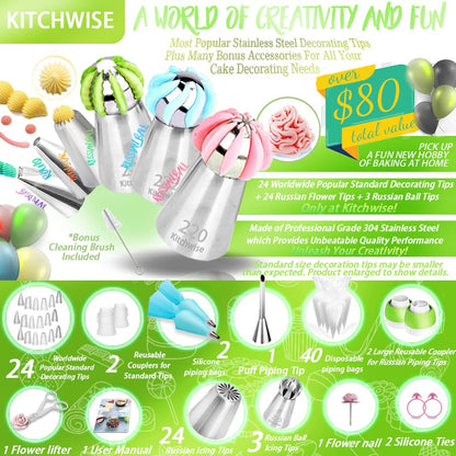 Russian Piping Tips - 100 Piece Cake Decorating Supplies - Baking Supplies Set Cupcake Flower Decorating Kit with 3 Russian Ball Tips