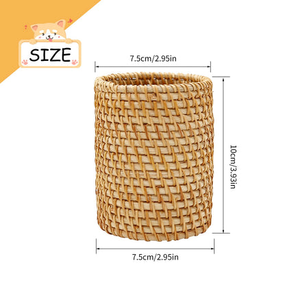 2 Pack Rattan Pencil Holder Handmade Pen Organizer Boho Desk Accessories Aesthetic Pen Cup Holder for Cute Office Decor
