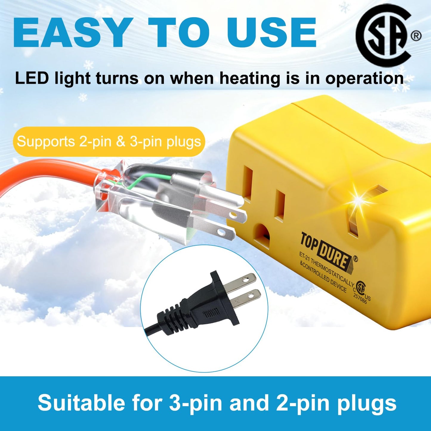 TOPDURE Automatic Thermostatic Plug, Suitable for Heating Tapes, Greenhouses, Well House Heaters, 38℉ Auto On/50℉ Auto Off, 2pcs
