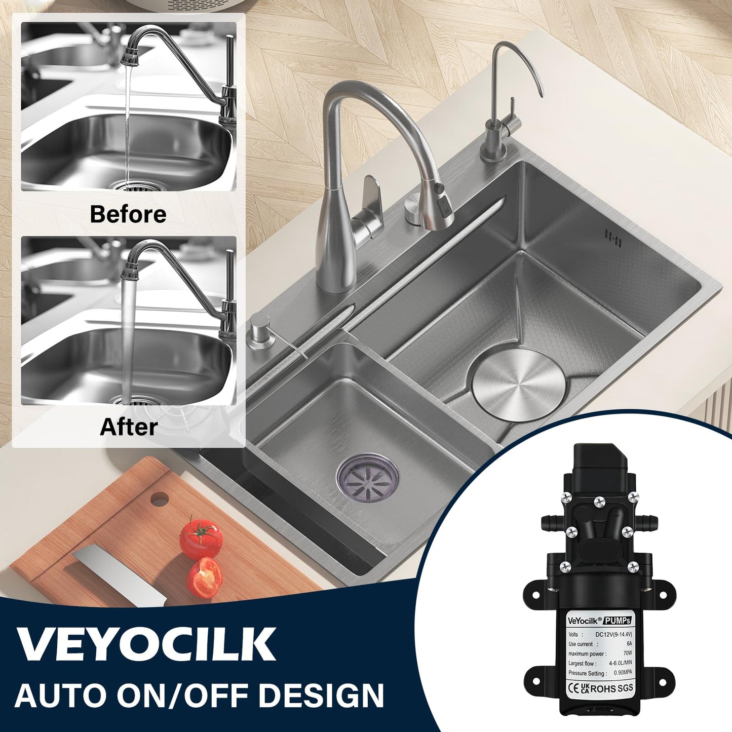 VeYocilk DC 12V Water Pump,1GPM 4L/Min Diaphragm Pump Build in Pressure Switch with 2 Hose Clamps for Pumping Water
