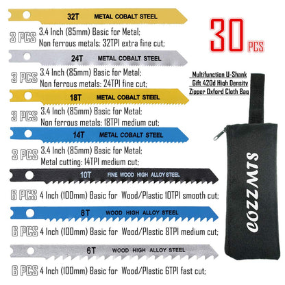 30PCS U-Shank Jig Saw Blade Set for Wood Plastic Metal Cutting, Replace Bosch DEWALT SKIL Black and Decker Jigsaw Blades U Shank Includes 6T 8T 10T 14T 18T 24T 32T with 420D Zipper Bag