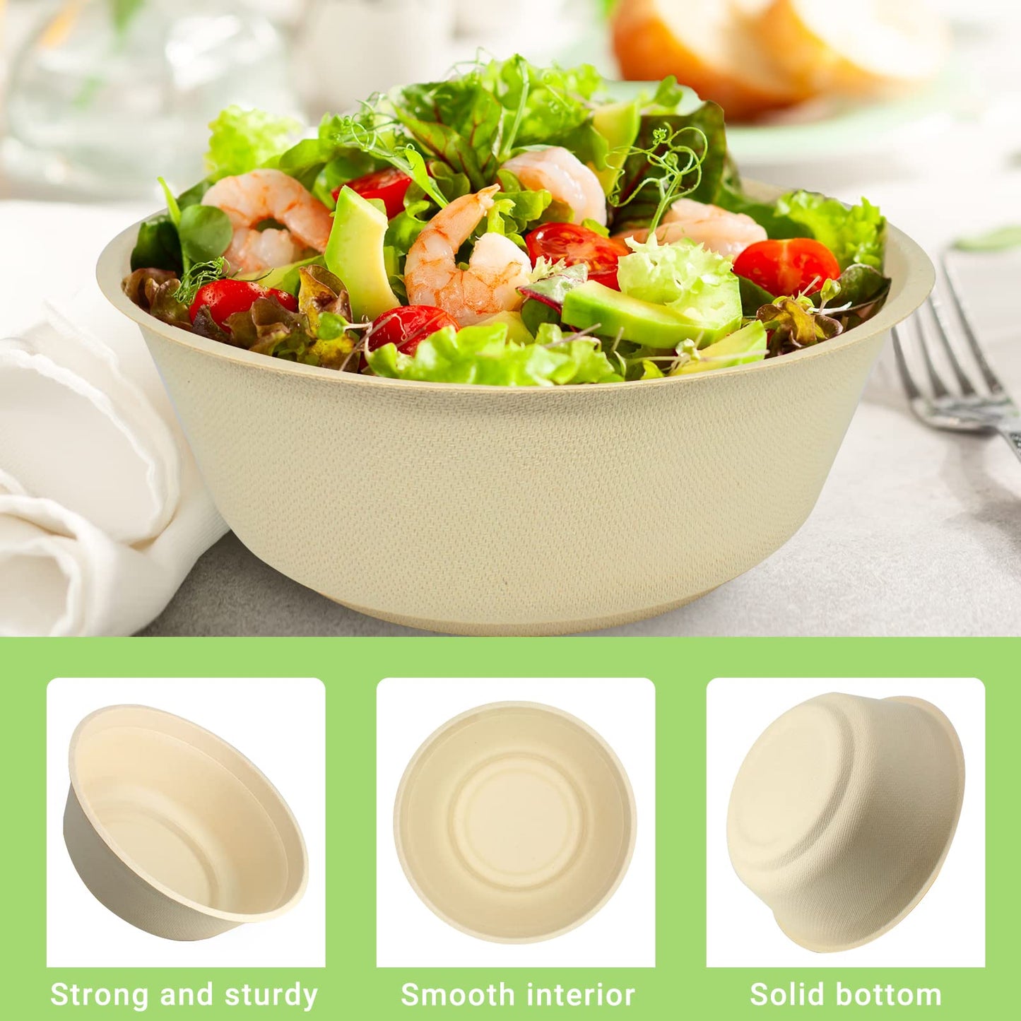 Belinlen 50 Pack 32 Ounce Round Disposable Bowls Eco-Friendly 100 Percent Natural Sugarcane Biodegradable Compostable Bagasse Tree Free and Plastic Free