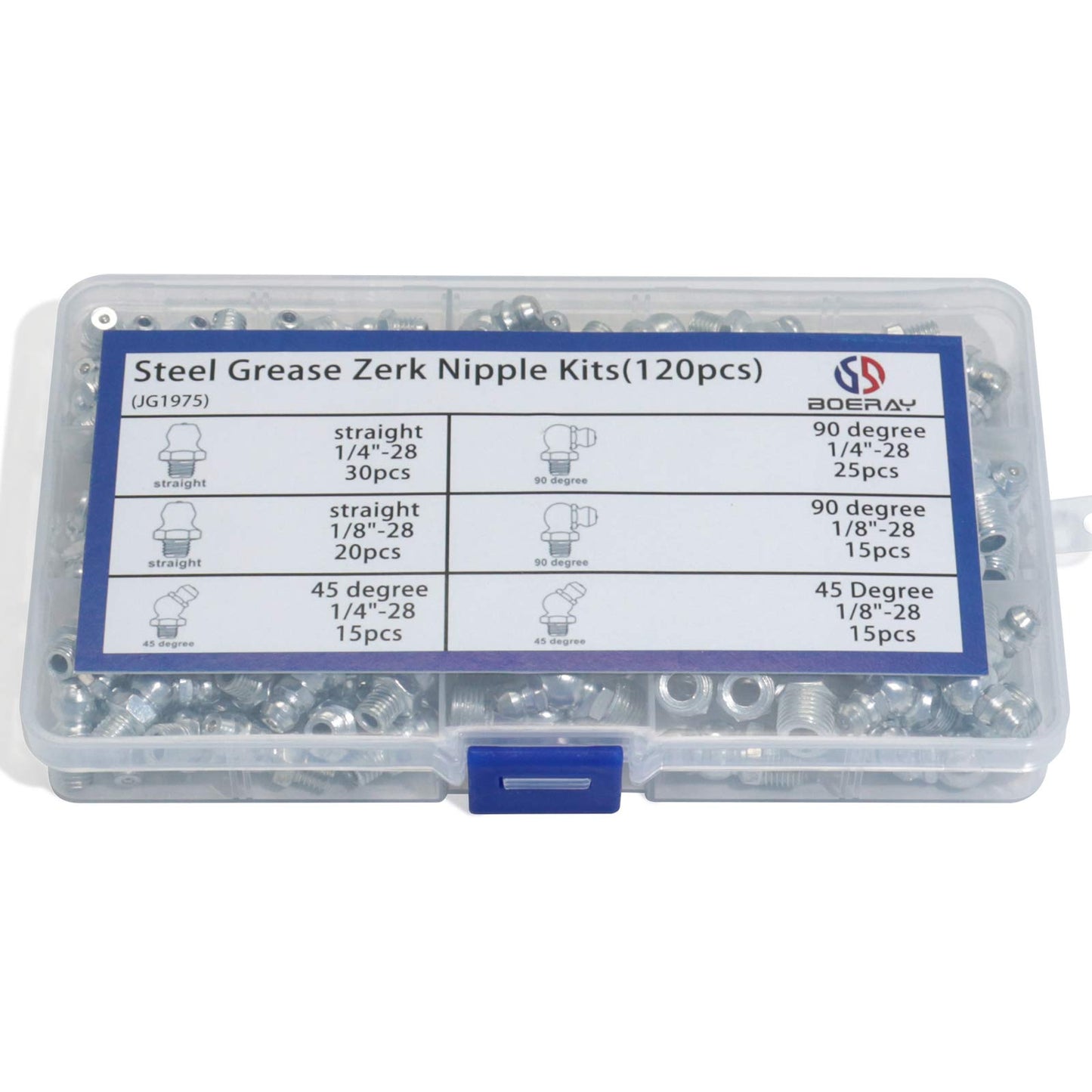 Boeray Hydraulic Grease Fitting SAE Standard 120pcs Assortment Kits - 1/4"-28 1/8"-28 Straight and 90 Degree and 45 Degree Steel Zerk Grease Nipple Fitting