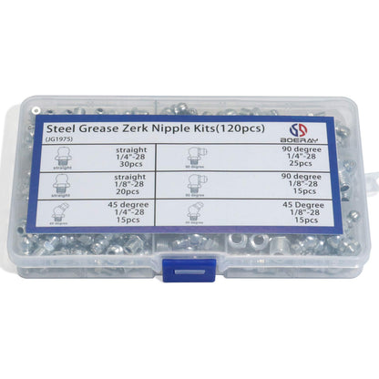 Boeray Hydraulic Grease Fitting SAE Standard 120pcs Assortment Kits - 1/4"-28 1/8"-28 Straight and 90 Degree and 45 Degree Steel Zerk Grease Nipple Fitting