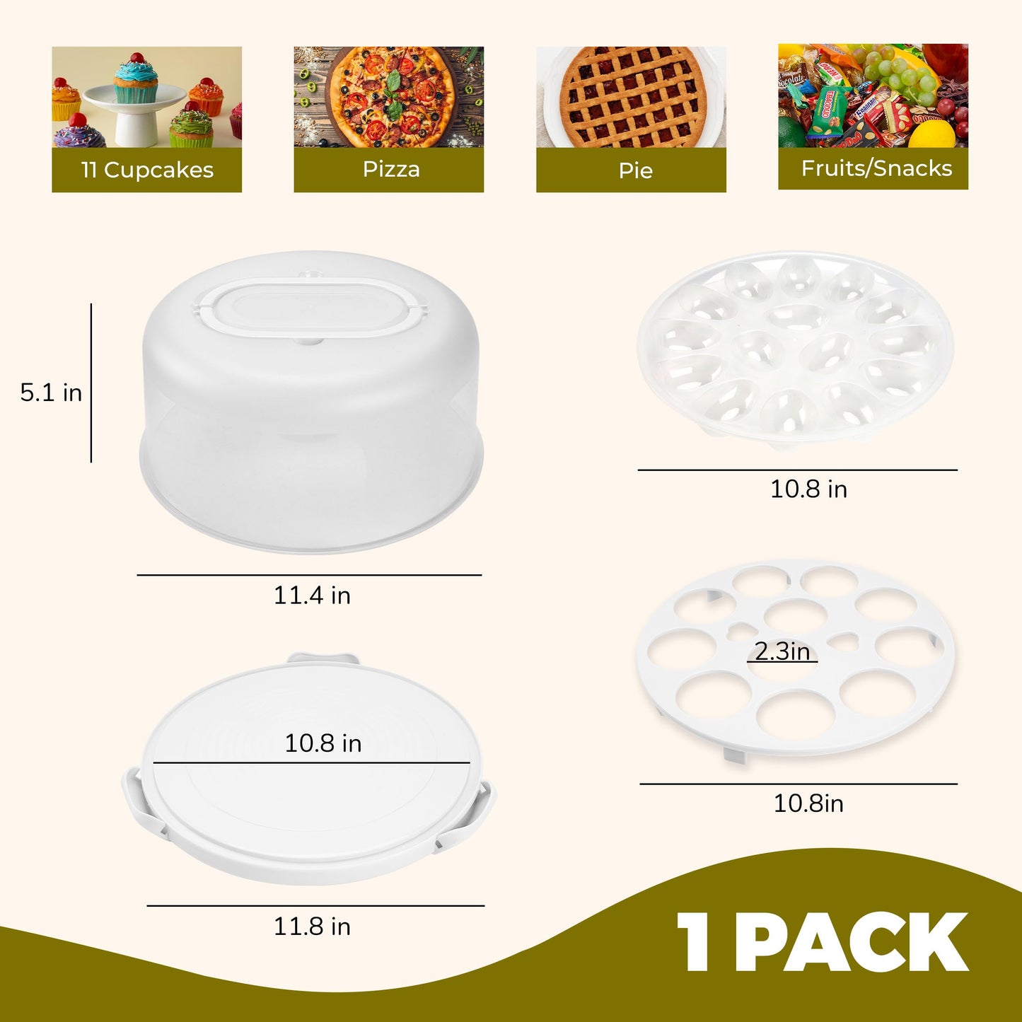 White Cake Containers with Lids Round Plastic Cupcake Holders 4-in-1 Multipurpose Cake Carrier Holder for 11 Inch Cake Pies Cupcake Eggs Fruit or Snack Transport