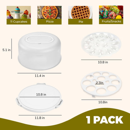 White Cake Containers with Lids Round Plastic Cupcake Holders 4-in-1 Multipurpose Cake Carrier Holder for 11 Inch Cake Pies Cupcake Eggs Fruit or Snack Transport