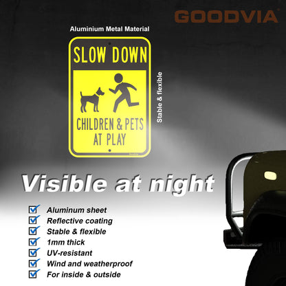 Goodvia Slow Down Children Playing Sign Metal Reflective 12 x 17 IN, Children at Play Safety Signs Kids Playing Road Large Slow Children and Pets at Play Sign for Street, Rust Free Aluminum