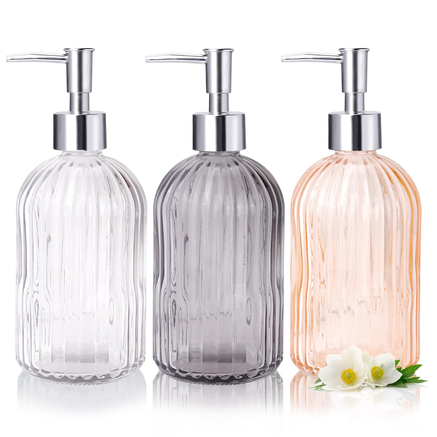 RUITENG 3 Pack Soap Dispenser Set, 14 Oz Clear Glass Soap Dispenser with Rust Proof Plastic Pump, Refillable Liquid Hand Soap Dispenser, Bathroom Soap Dispenser for Kitchen Countertop (3 Colors)