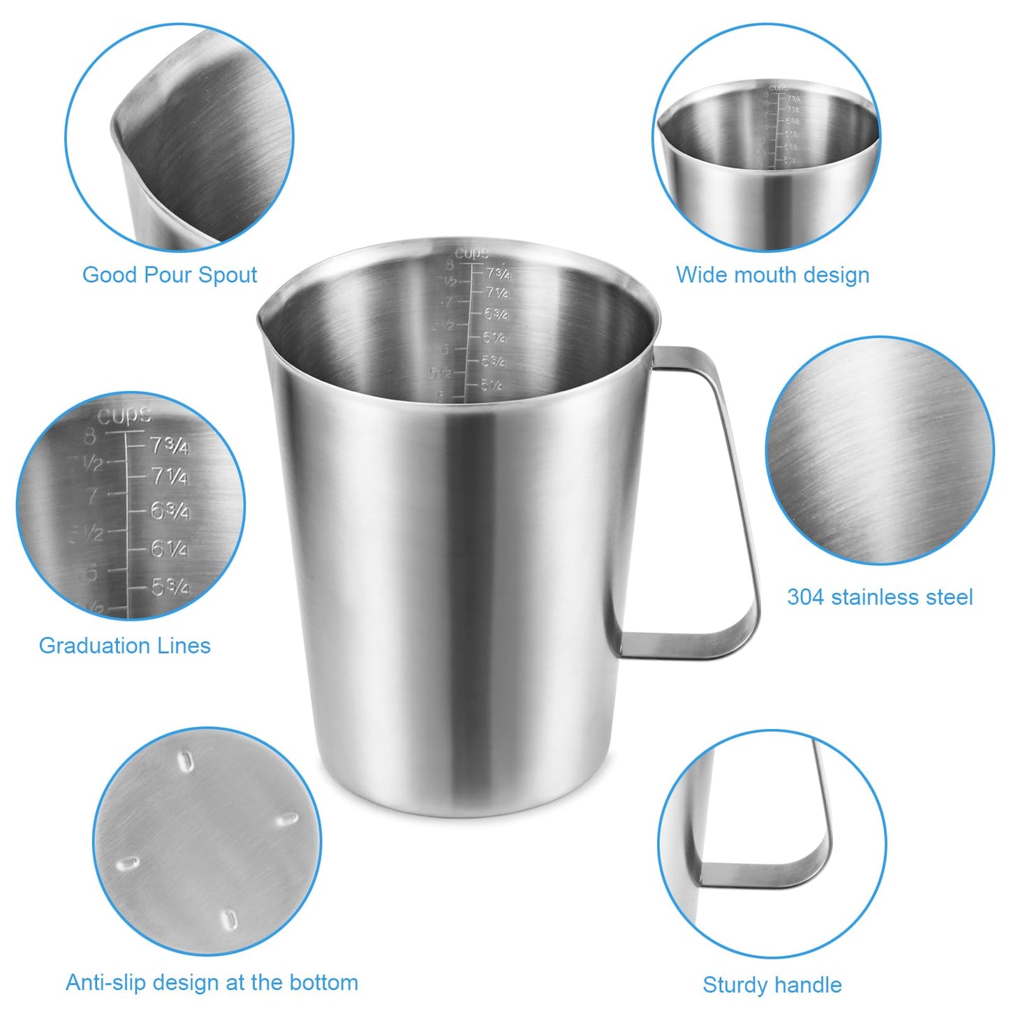 Stainless Measuring Cup (2000ML), KSENDALO 8 Cup Stainless Measuring Cup, Stainless Pitcher with Marking with Handle, 64 Ounces (2.0 Liter)