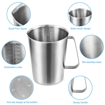 Stainless Measuring Cup (2000ML), KSENDALO 8 Cup Stainless Measuring Cup, Stainless Pitcher with Marking with Handle, 64 Ounces (2.0 Liter)