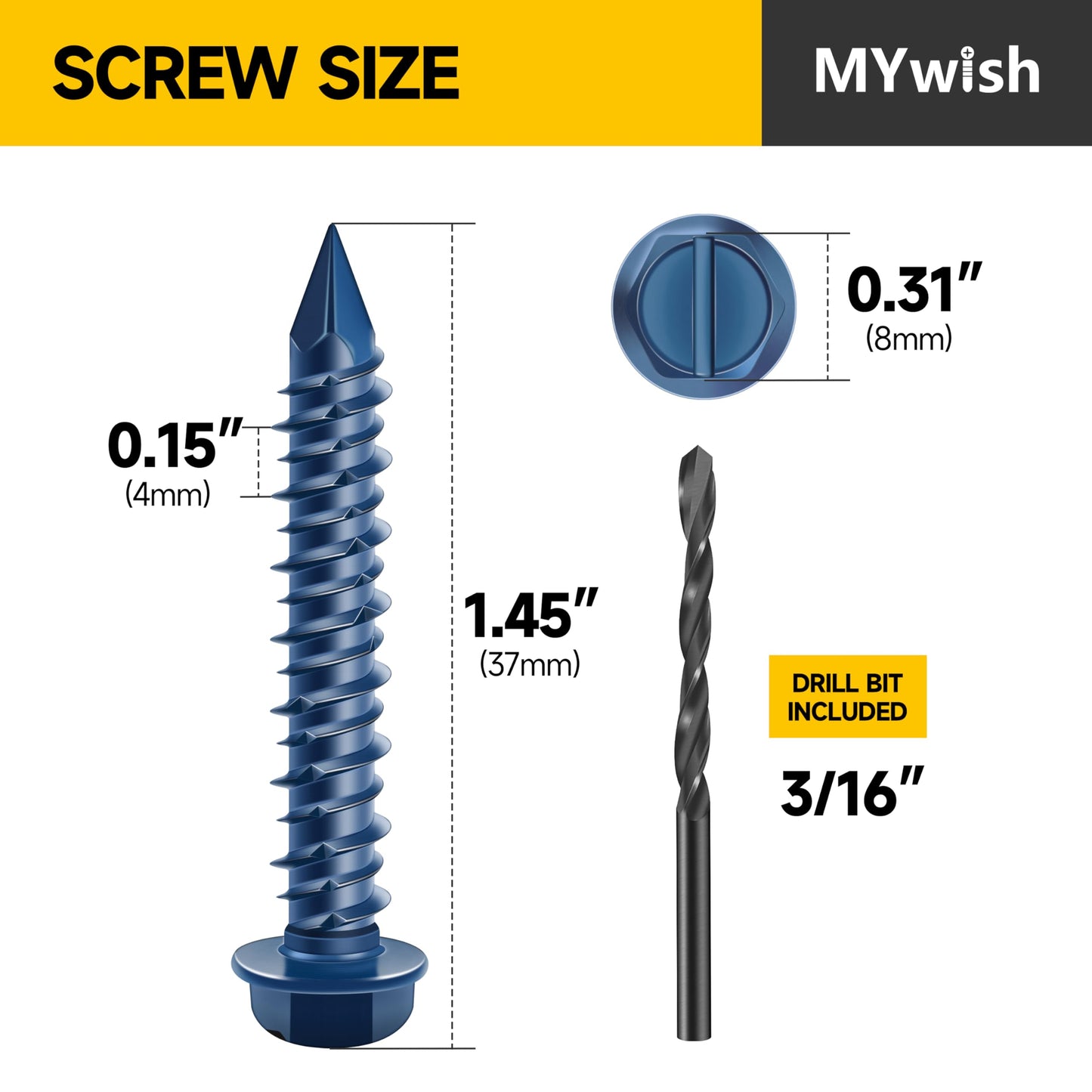 Mywish 100Pcs 1/4 x 1-1/4" Concrete Screws, Slotted Hex Washer Head Masonry Screws Anchor Kit with 3/16 Drill Bit, Stucco Screws, Self Tapping Screws for Anchoring to Masonry, Block or Brick Stucco