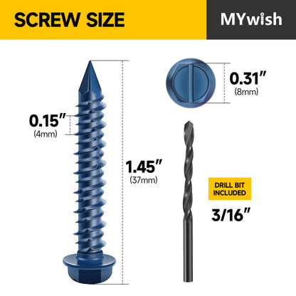 Mywish 100Pcs 1/4 x 1-1/4" Concrete Screws, Slotted Hex Washer Head Masonry Screws Anchor Kit with 3/16 Drill Bit, Stucco Screws, Self Tapping Screws for Anchoring to Masonry, Block or Brick Stucco