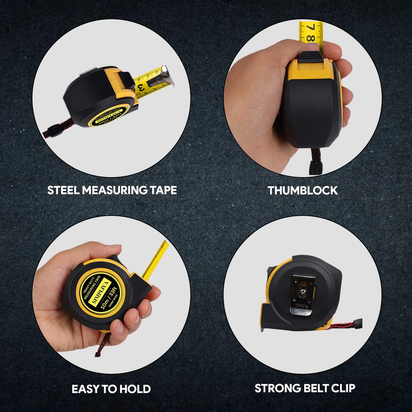 Simpliva Heavy Duty Tape Measure - 1 Inch Wide - Stainless Steel Measuring Tape - Retractable Measurement Tape - Imperial and Metric Tape Measure with Metal Belt Clip (2PACK(33FT))