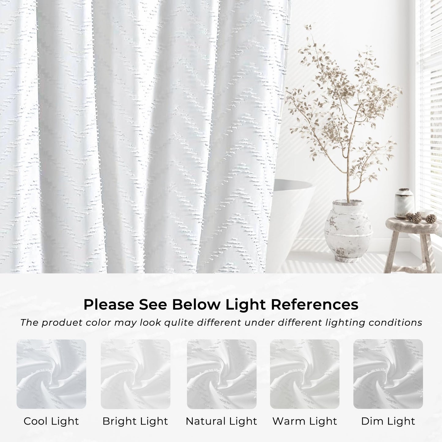 White Boho Fabric Shower Curtain 72 x 72 Inches, Modern Shabby Chic Textured Tufted Chevron Striped Minimalist Cloth Bathroom Shower Curtain
