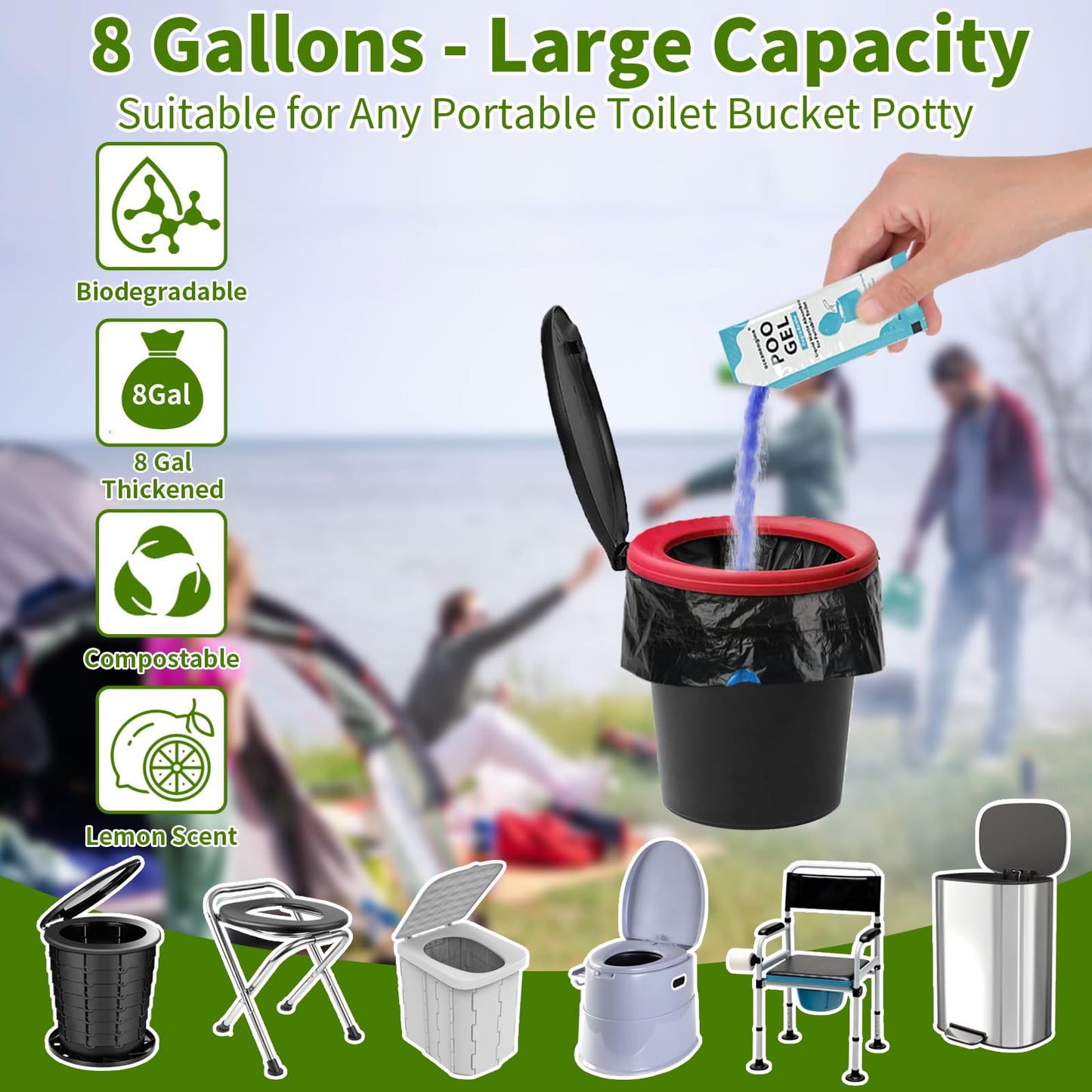 Portable Toilet Bags Poo Gel Set, 8 Gallon Camping Toilet Bag with Portable Absorbent Gel, Compostable Potty Bag for Camping Outdoor Hiking