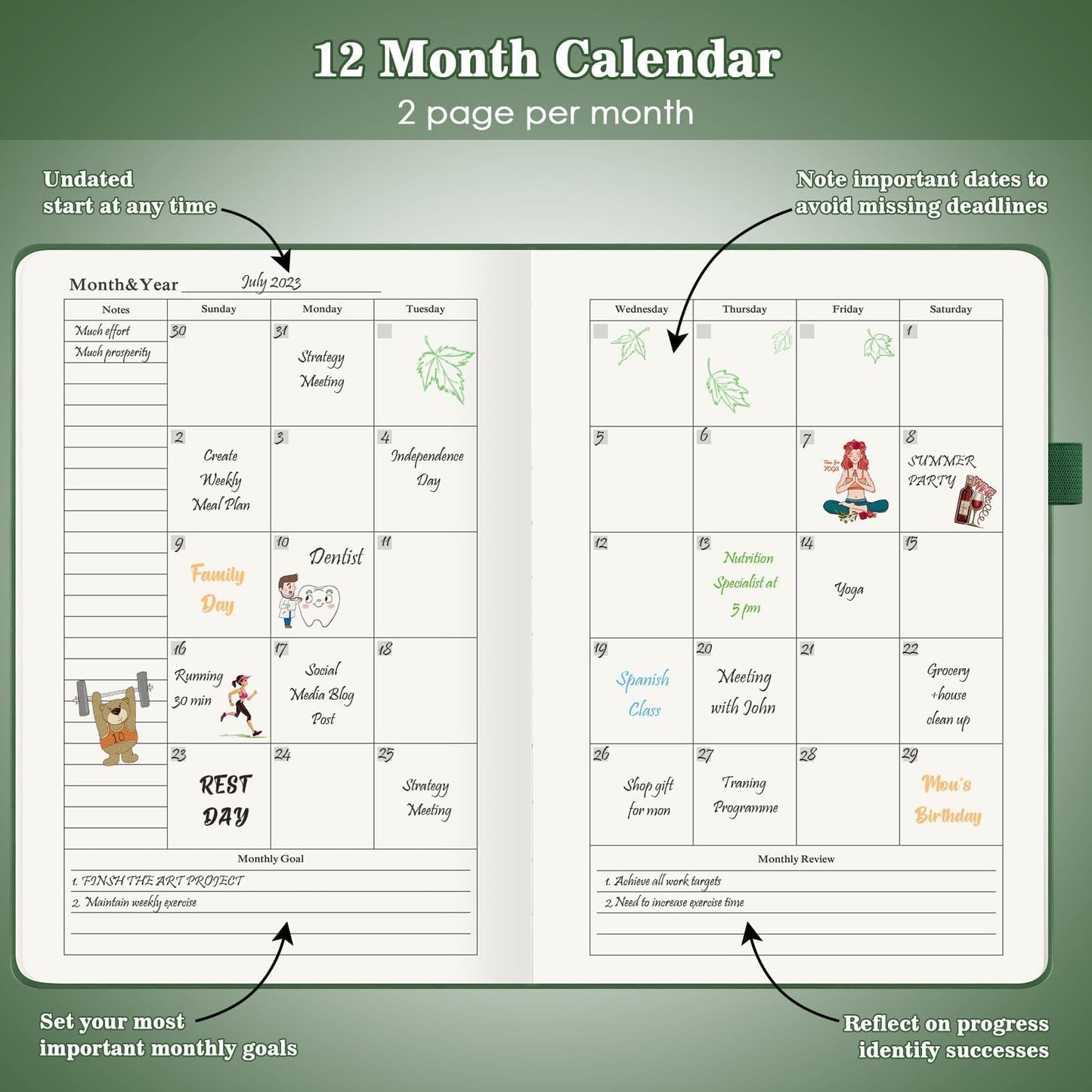 Planner, Undated Daily Planner with To Do List, 365 Days Planner for ADHD Adult, Agenda for Women Men, Hourly Planner Notebook for Goal Setting, Productivity Planner with Calendar, 8.3" x 5.8" (Green)