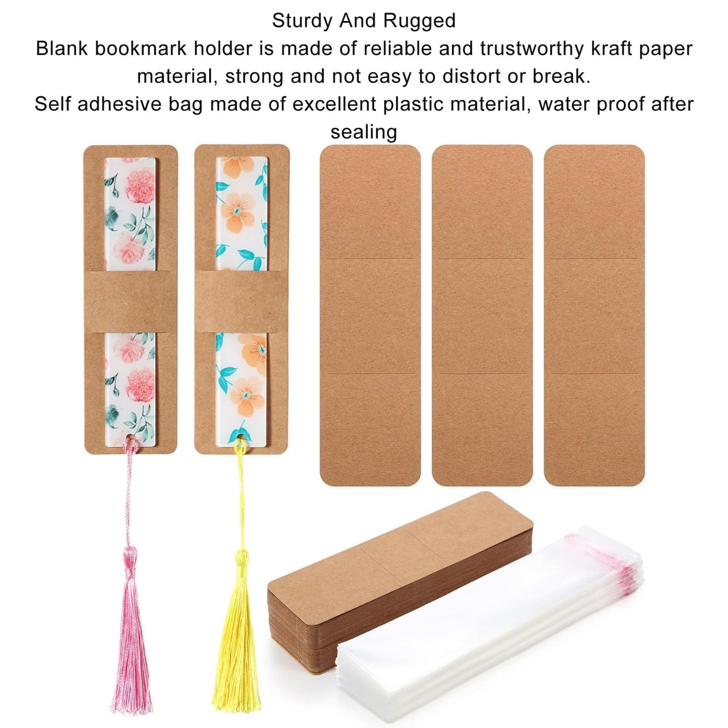 Bookmark Sleeves, 200PCS Blank Kraft Bookmarks Sleeves, Bookmarks Display Card and Transparent Self Adhesive Bag for Crafting Bookmark Wrapping