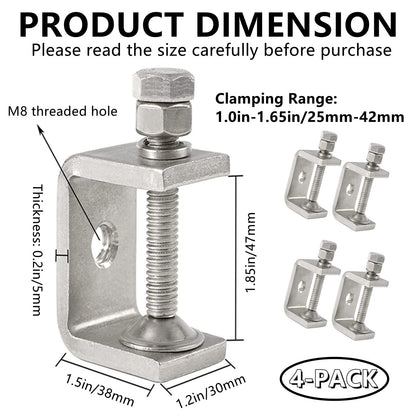 RHBLME 4 Pack Heavy Duty C Clamps, 304 Stainless Steel Small C Clamps, Clamping Range 1in to 1.65in, G Clamps with Adjustable Wide Jaw Openings for Woodworking Welding Construction