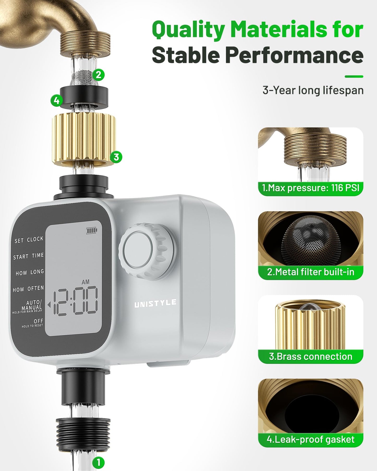 2027 New Upgrade Sprinkler Timer with Brass Inlets, Unistyle Programmable Water Timer for Garden Hose, IP55 Waterproof Hose Timers with Manual and Automatic Irrigation Timers for Yard and Lawn Patio