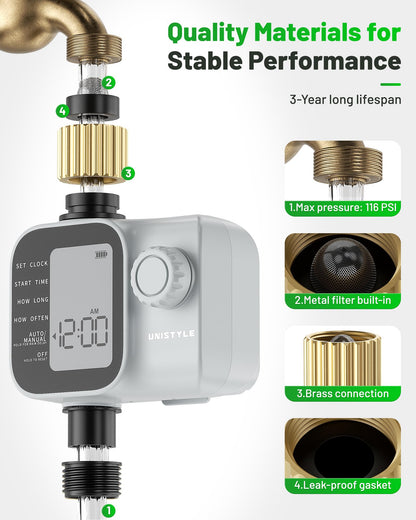 2027 New Upgrade Sprinkler Timer with Brass Inlets, Unistyle Programmable Water Timer for Garden Hose, IP55 Waterproof Hose Timers with Manual and Automatic Irrigation Timers for Yard and Lawn Patio