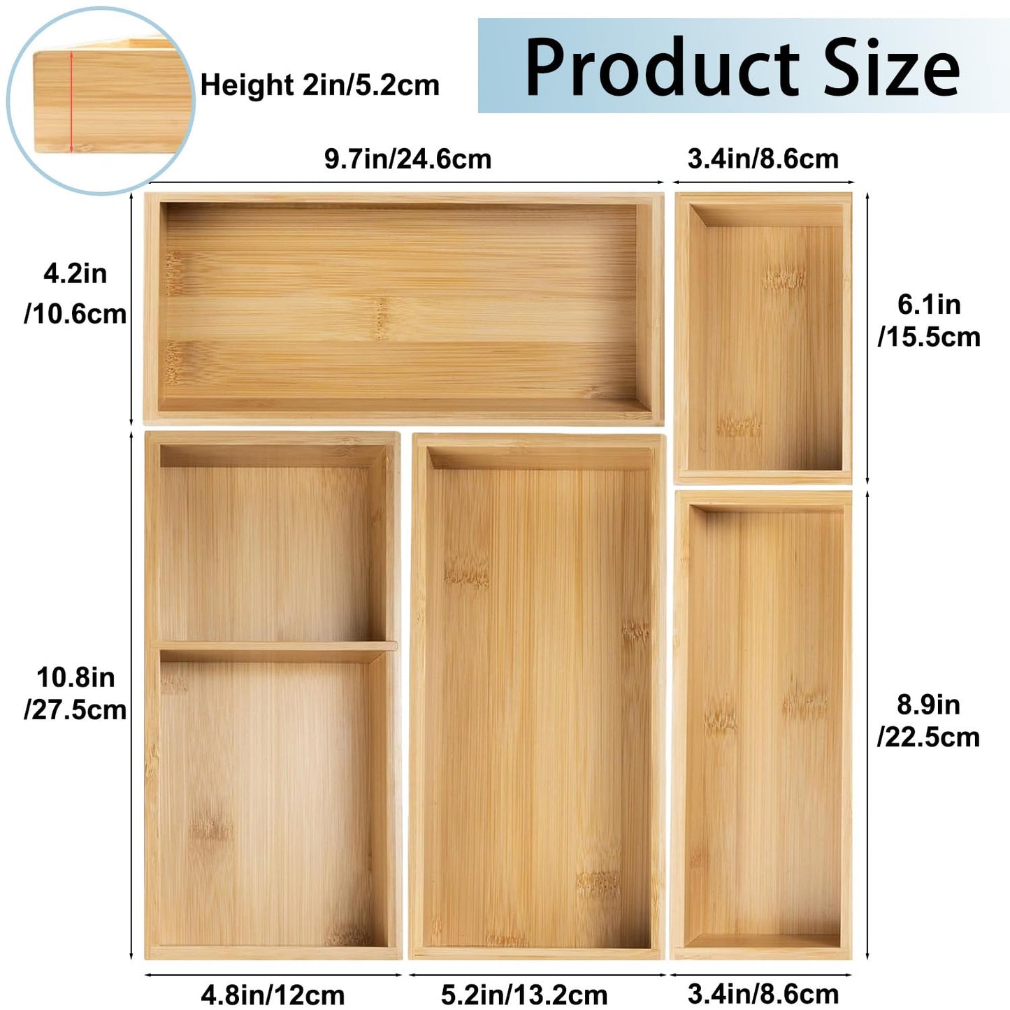 Acidea Bamboo Drawer Organizer Set, 5Pcs Multi-purpose Individual Storage Organizer, Junk Drawer Divider and Storage Trays Containers for Kitchen, Bathroom, Office Desk, Makeup, Jewelry, Utensils