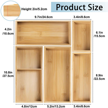Acidea Bamboo Drawer Organizer Set, 5Pcs Multi-purpose Individual Storage Organizer, Junk Drawer Divider and Storage Trays Containers for Kitchen, Bathroom, Office Desk, Makeup, Jewelry, Utensils