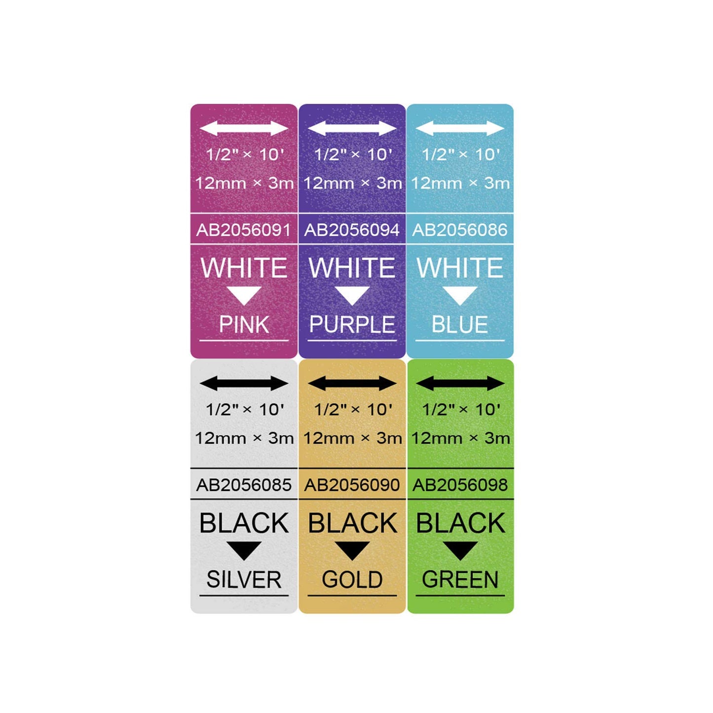 Absonic Compatible Label Tape Replacement for Colorpop D1 12mm 0.47 Label Maker Tape for LabelManager 160 280 210D 360D 420P, Black/White on Gold/Green/Blue/Pink/Purple/Silver Glitter, 1/2" x 10'