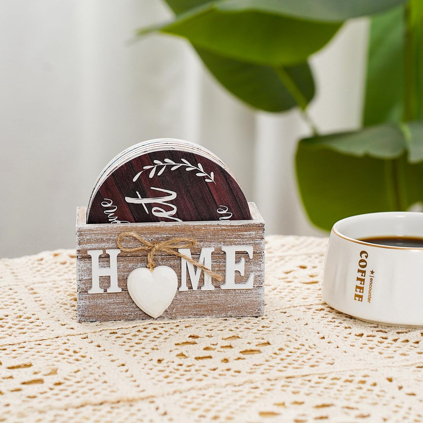 Witwatia Coasters for Drinks 6 Set with Holder, Housewarming Gifts New Home Wood Rustic Farmhouse Coaster with 6 Spoons, Funny Coasters for Coffee Table, Absorbent Drink Coaster for Room Bar Decor