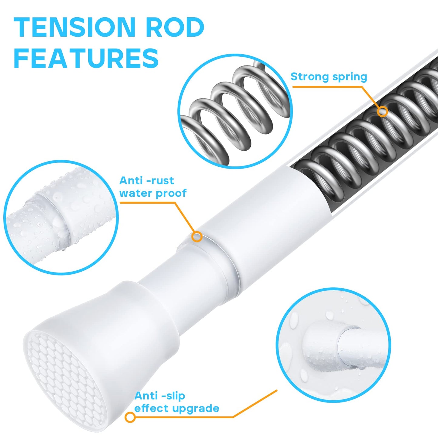 Tension Curtain Rod 30 to 64 Inch White Curtain Rod Adjustable Expandable Spring Tension Curtain Rod No Drilling 7/8" Spring Loaded Curtain Rods for Windows Bedroom Closet Doorway Door