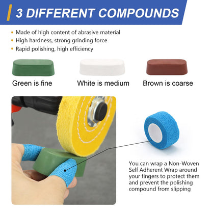 SCOTTCHEN 4inch Buffing Polishing Wheel with 1/4" Shank for Drill, 1/2" Arbor Hole,Soft/Fine/Medium -3pcs,with Buffing Polishing Cutting Compounds 7.4 Oz.Kit,with 2 Pack Non-Woven Bandage