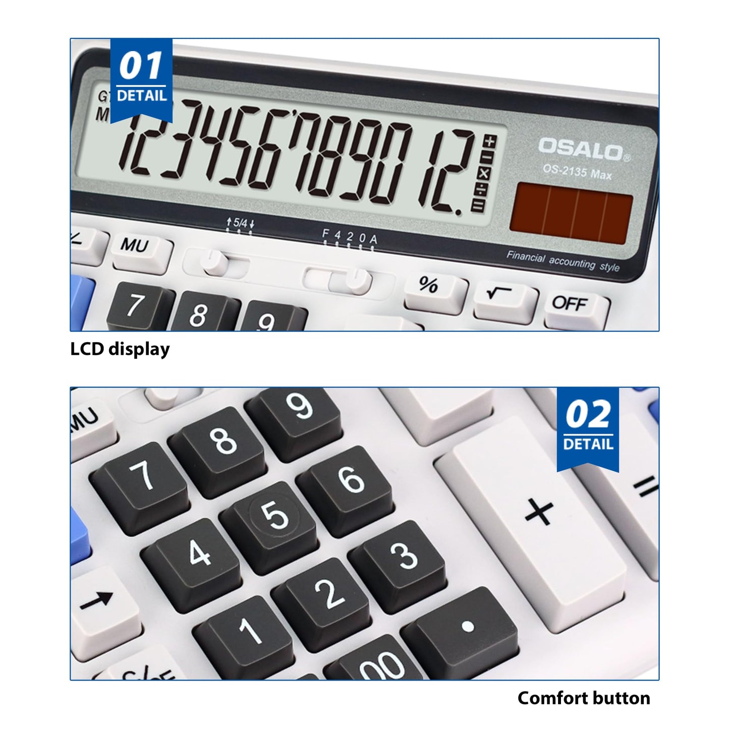 Desktop Calculator Extra Large LCD Display 12-Digit Big Number Accounting Calculator with Giant Response Button, Battery & Solar Powered, Perfect for Office Business Home Daily Use(OS-2135CA)