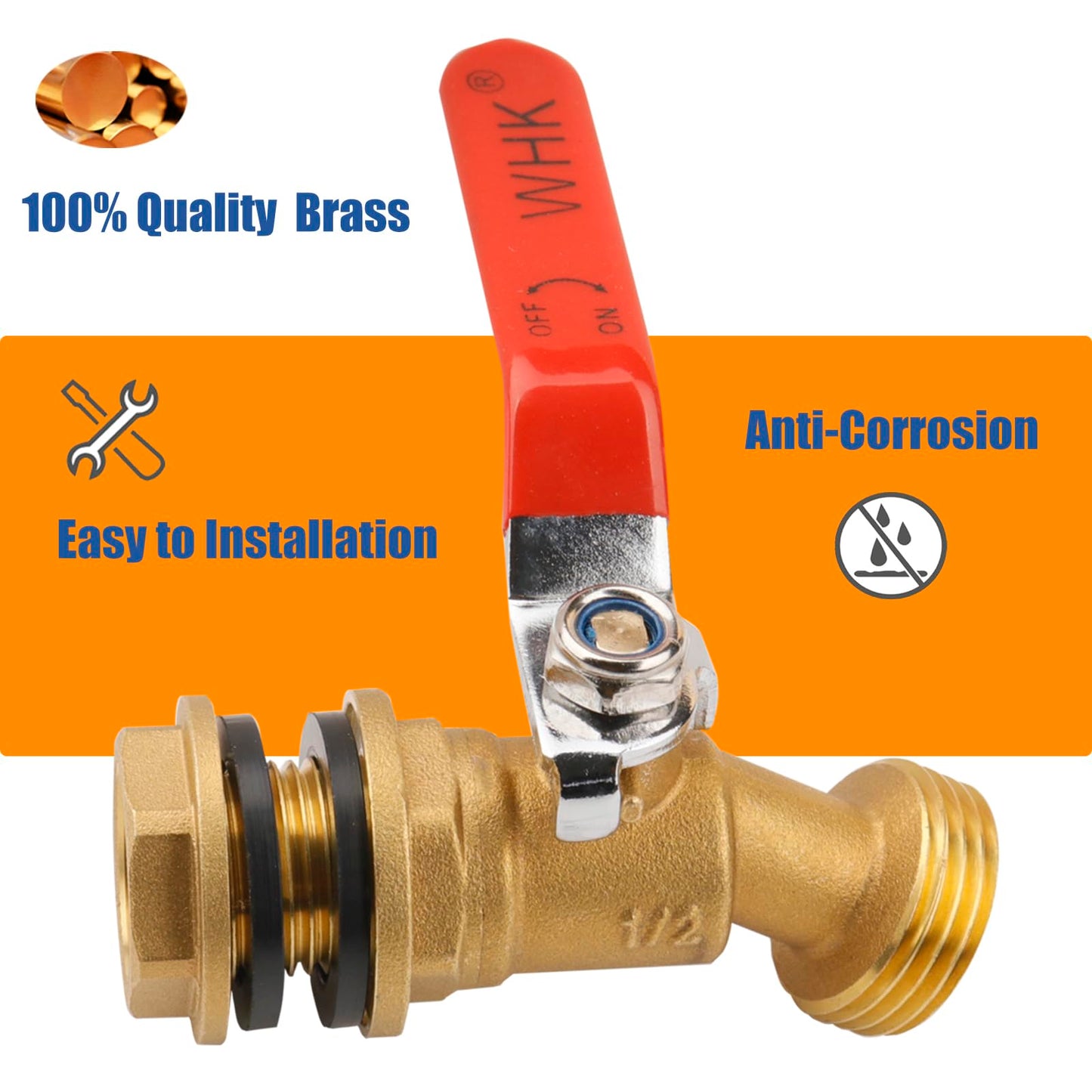 WHK Rain Barrel Spigot Kit - 1/4 Turn Brass Spigot with Long Handle for 5/55 Gallon Bucket or Rain Barrel Water Container