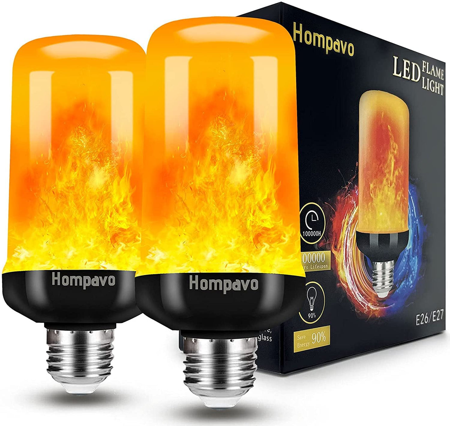 【Upgraded】 Hompavo LED Flame Light Bulb, 4 Modes Flickering Light Bulbs with Upside Down Effect, E26/E27 Base Flame Bulb for Halloween, Christmas, Party, Indoor and Outdoor Home Decoration (2 Pack)