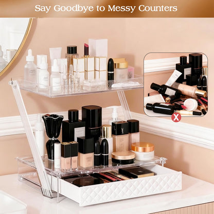 2-Tier Bathroom Countertop Organizer – Acrylic Makeup, Perfume & Skincare Organizer with Sliding Tray & Drawer – Z-Shaped Vanity Organizer for Bathroom, Dresser or Desk