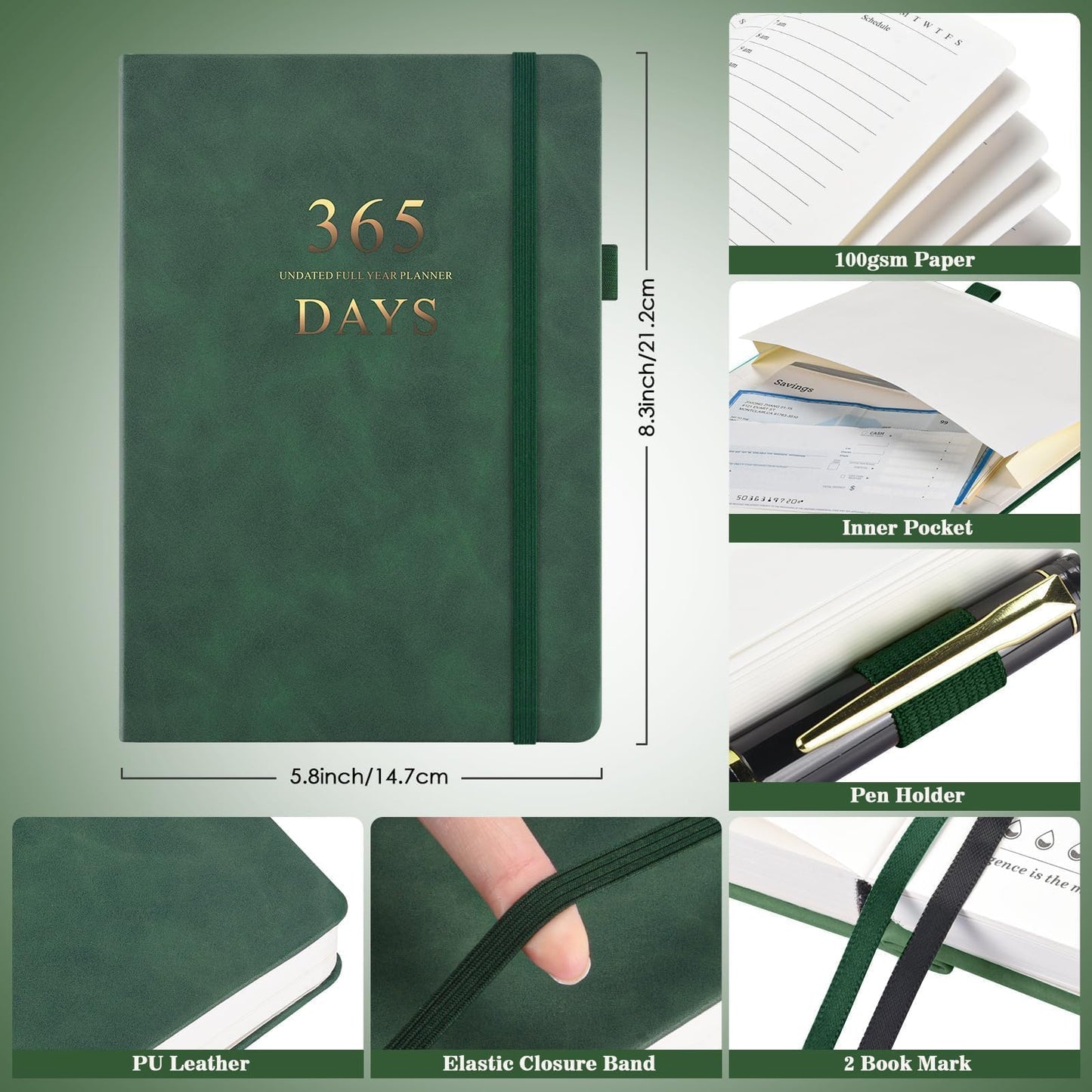 Planner, Undated Daily Planner with To Do List, 365 Days Planner for ADHD Adult, Agenda for Women Men, Hourly Planner Notebook for Goal Setting, Productivity Planner with Calendar, 8.3" x 5.8" (Green)