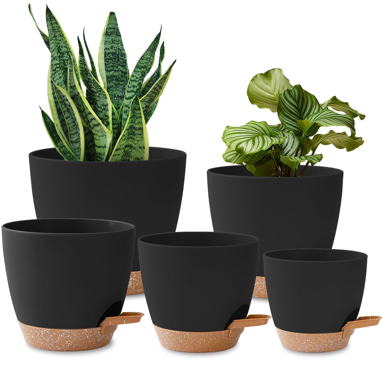 5 Pack Plant Pots Indoor 7/6.5/6/5.5/5 Inch Flower Pots Self Watering Planters for Indoor Plants with Drainage Hole Plastic Plant Pot for African Violet Cactus Flowers Succulents(Black)