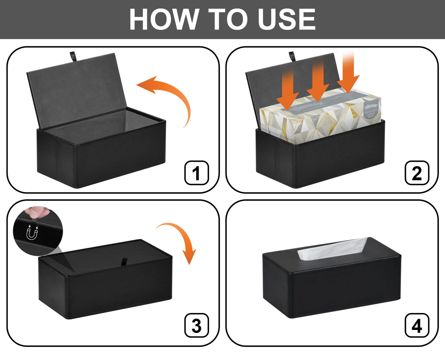 Tissue Box Cover Rectangular PU Leather Facial Tissue Dispenser Box Holder for Dresser Bathroom Decor (Black)
