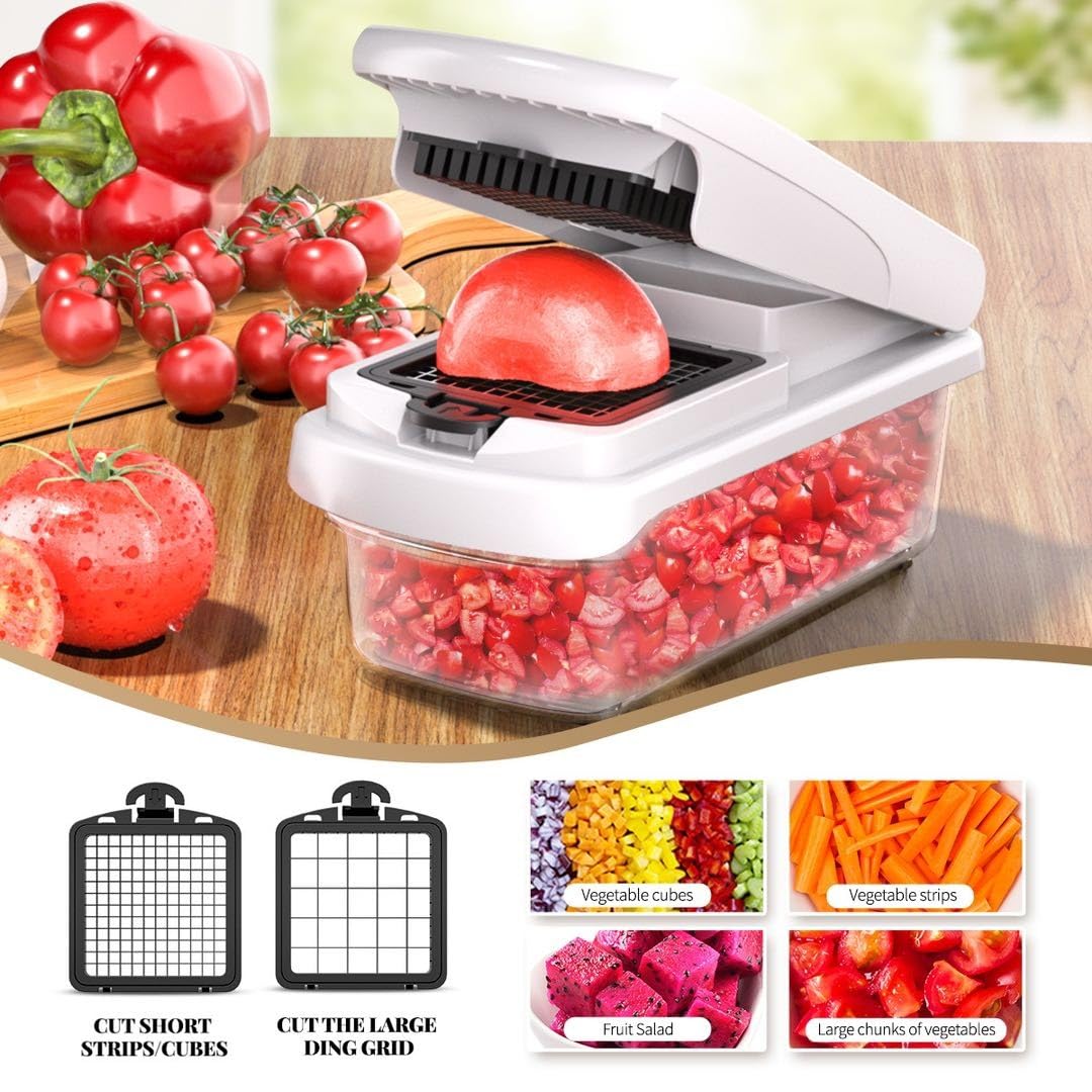 Chkout Vegetable Chopper with Container, 13-in-1 Mandoline Slicer Dicer & Spiralizer, Onion Veggie Chopper, Potato Fry Cutter, Manual Food Chopper, Kitchen Tools Gadgets