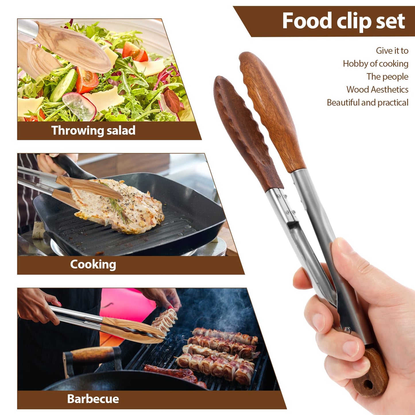 2 Pcs Walnut Wooden Kitchen Tongs Wood Food Tongs Salad Tongs with Wooden Tips, Locking Tongs Wood Serving Tongs for Flipping Cooking Grilling