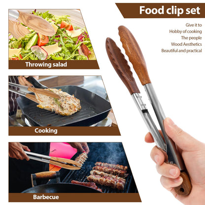 2 Pcs Walnut Wooden Kitchen Tongs Wood Food Tongs Salad Tongs with Wooden Tips, Locking Tongs Wood Serving Tongs for Flipping Cooking Grilling
