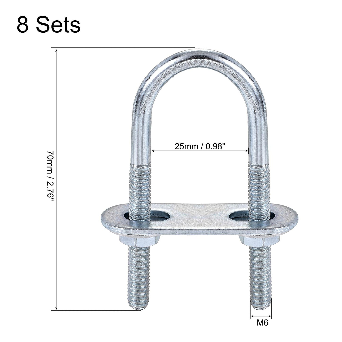uxcell Round U-Bolts 8 Sets 0.98"(25mm) Inner Width 70mm Length Steel M6 with Nut, Plate, Washer
