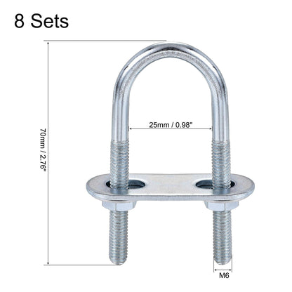 uxcell Round U-Bolts 8 Sets 0.98"(25mm) Inner Width 70mm Length Steel M6 with Nut, Plate, Washer